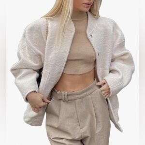 Women With Pockets Oversized Bomber Jacket Coat Vintage Long Sleeve Snap…